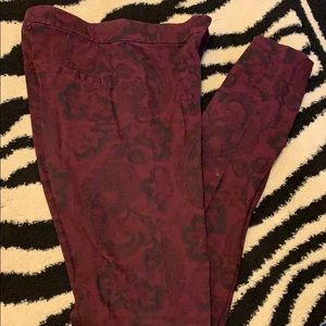 Burgundy pants. Comfortable.